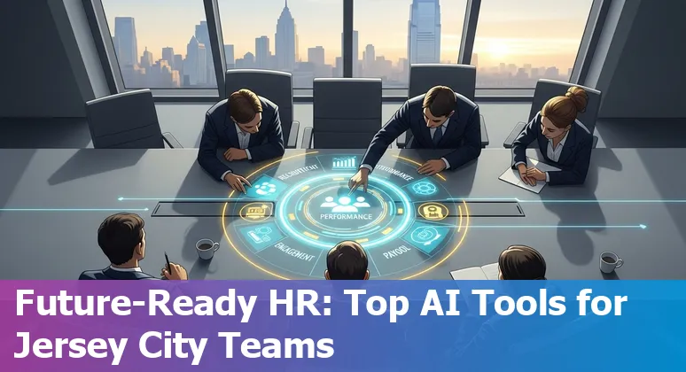 Collage of AI icons and HR tools logos with Jersey City skyline in the background