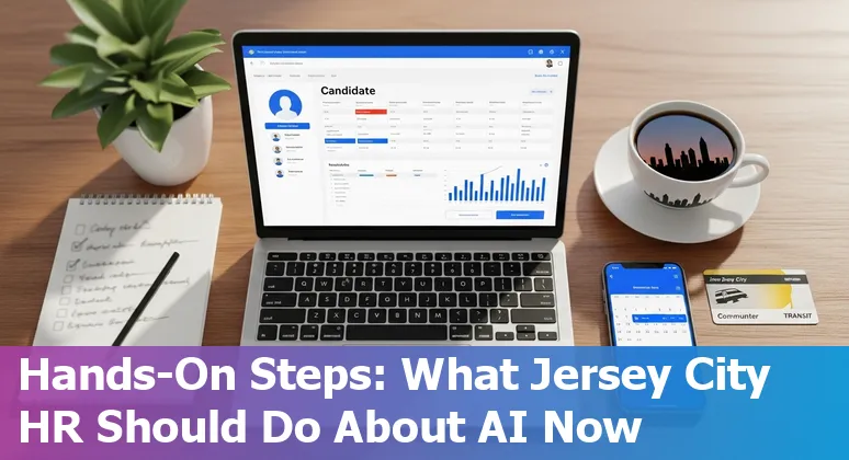 HR professional using AI tools in an office with a Jersey City, New Jersey skyline visible — concept image