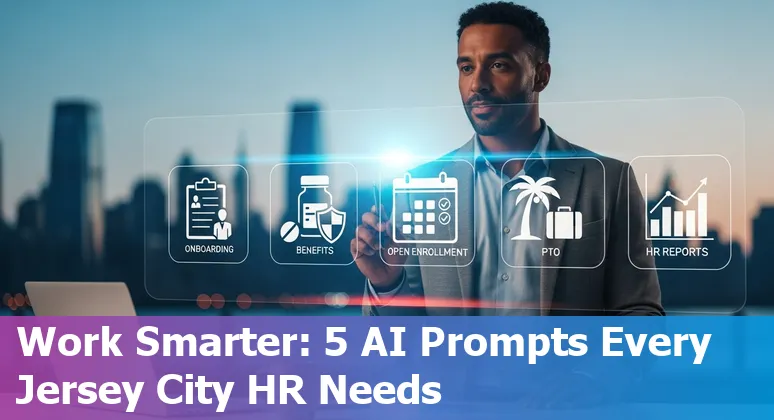 HR professional using AI-generated onboarding email and benefits one-pager for Jersey City employees.