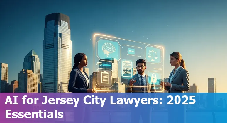 Lawyer at desk using AI-enabled tools on a laptop with Jersey City skyline in background.