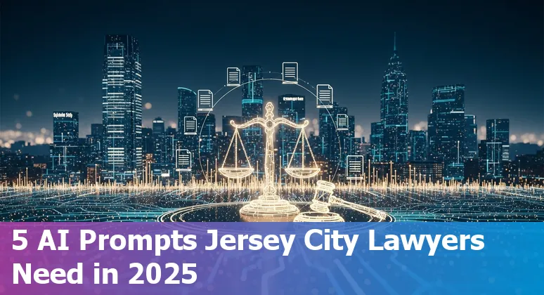 Jersey City lawyer using AI prompts on a laptop with the skyline and courthouse in the background