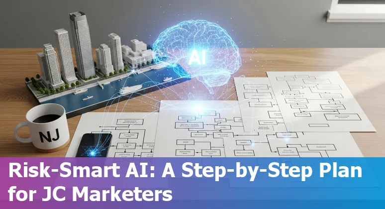 Marketing professional using AI tools in an office with Jersey City, NJ skyline visible in the background