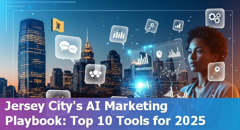 Jersey City marketer using AI tools on laptop with city skyline in background