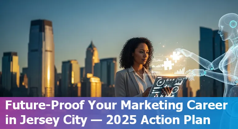 Marketing professional using AI tools on laptop in Jersey City, New Jersey skyline background