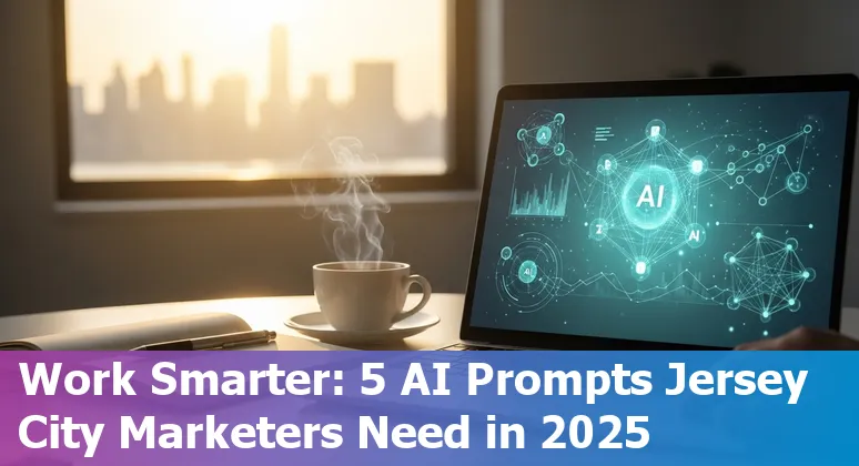 Marketing professional in Jersey City using AI prompts on a laptop with Jersey City skyline in the background.