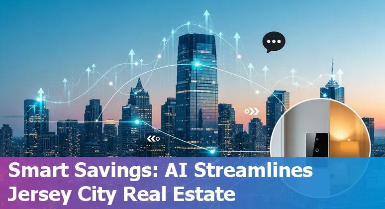 Jersey City, New Jersey skyline with smart-home icons and AI building control overlays showing energy savings