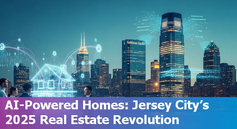 Jersey City, New Jersey skyline with AI icons overlay showing real estate tech and proptech in 2025