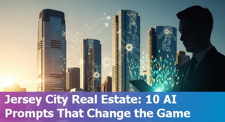 Jersey City real estate skyline with AI icons overlay showing analytics, listings, and construction.