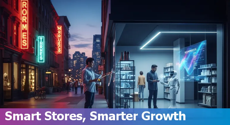 Jersey City, New Jersey retail store using AI tools on tablet with Twin City Shopping Center in background