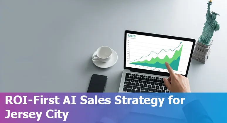 Sales professional using AI tools in Jersey City, New Jersey skyline in background
