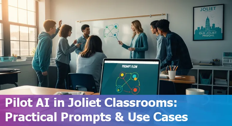 Teacher using AI-powered virtual classroom tools with Joliet school building in background