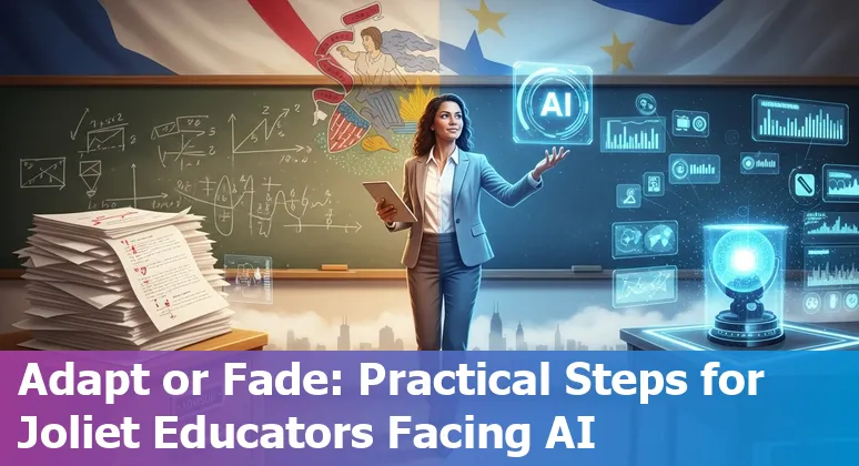 Teacher and school staff using AI tools on a laptop in a Joliet classroom, symbolizing upskilling and adaptation.