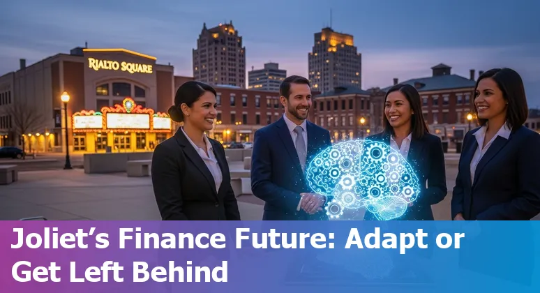 Finance worker using AI tools on laptop in Joliet, Illinois skyline background