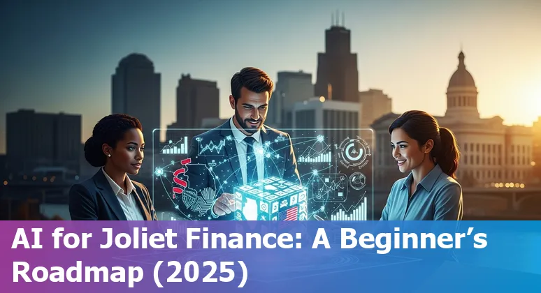 Business team discussing AI in a Joliet, Illinois financial office showing charts and LLM diagrams in 2025