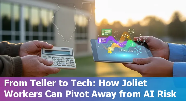 Financial services workers in Joliet considering AI-driven change near a bank branch and laptop.