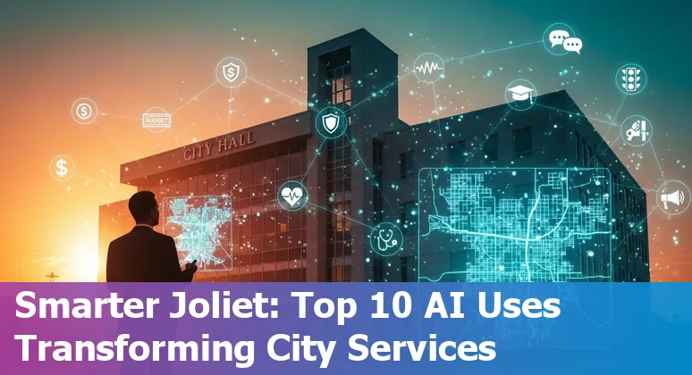 City of Joliet government building with AI icons representing budgeting, chatbots, traffic, health, and documents.