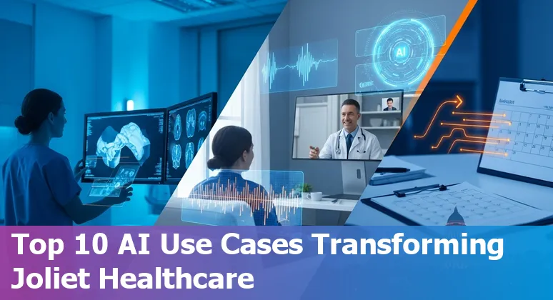 Healthcare worker using AI tools on a tablet in a Joliet clinic, icons for Dax Copilot, Ada, NVIDIA Clara and Tempus.