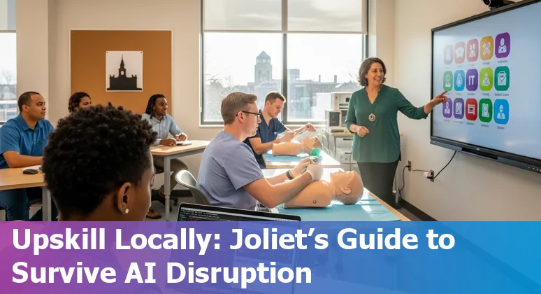 Healthcare worker looking at AI dashboard beside Joliet hospital skyline