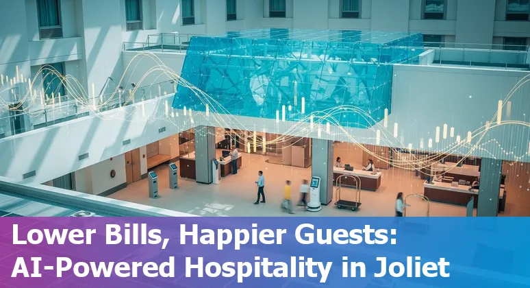 Hotel lobby with AI kiosk and staff using tablet in Joliet, Illinois