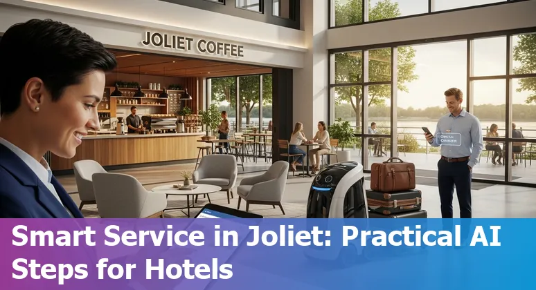 Illustration of AI applications in hospitality with Joliet, Illinois skyline and hotel icons