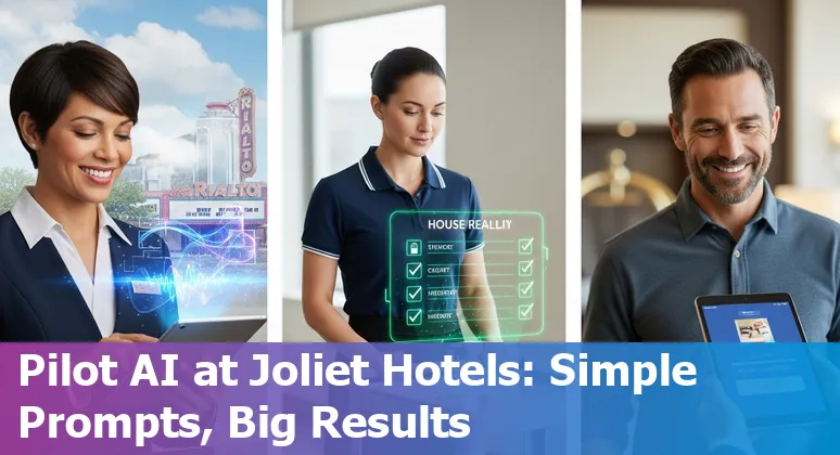 Hotel front desk kiosk with AI assistant screen showing Joliet local attractions and guest messages.