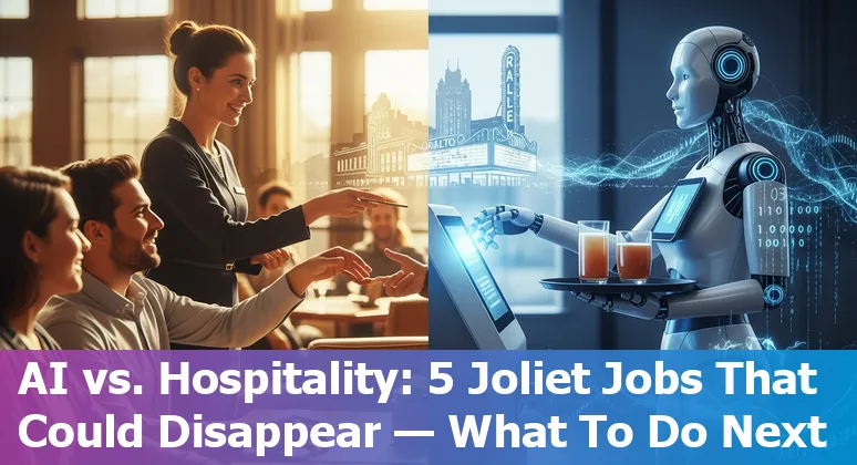 Hotel front desk with kiosk and a human receptionist assisting a guest, showing tech and human roles in Joliet hospitality.