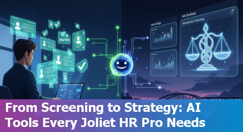 HR professional using AI tools on a laptop with Joliet skyline in the background