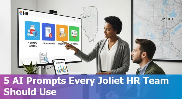 HR professional in Joliet using AI prompts on a laptop to draft benefits and hiring materials
