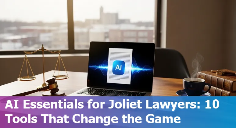 Collage of AI tool logos (Spellbook, CoCounsel, Lexis+ AI, ChatGPT, Relativity, Diligen, Smith.ai, Lex Machina, Clio, Gavel.io) over a Joliet courthouse background