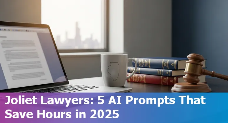 Attorney in Joliet using AI prompts on a laptop, with Will County courthouse in the background