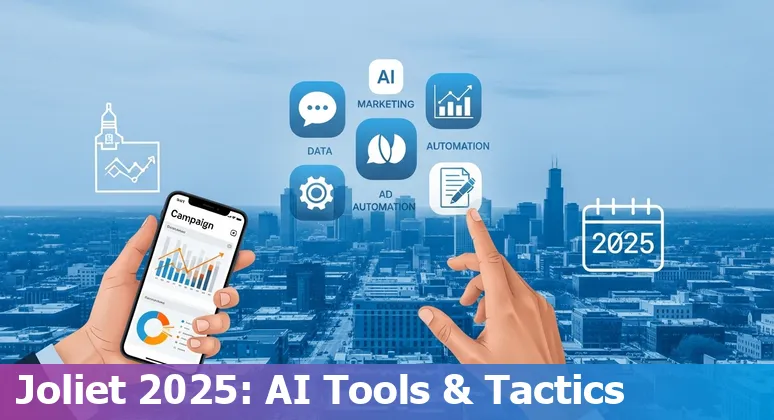 AI marketing guide cover showing Joliet, Illinois skyline and Hollywood Casino Joliet signage in 2025