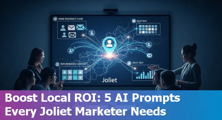 Marketing professional in Joliet using AI prompts on a laptop to plan local campaigns and emails.
