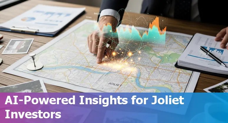 Real estate agent using AI tools to analyze Joliet property data on a laptop with Joliet skyline in background