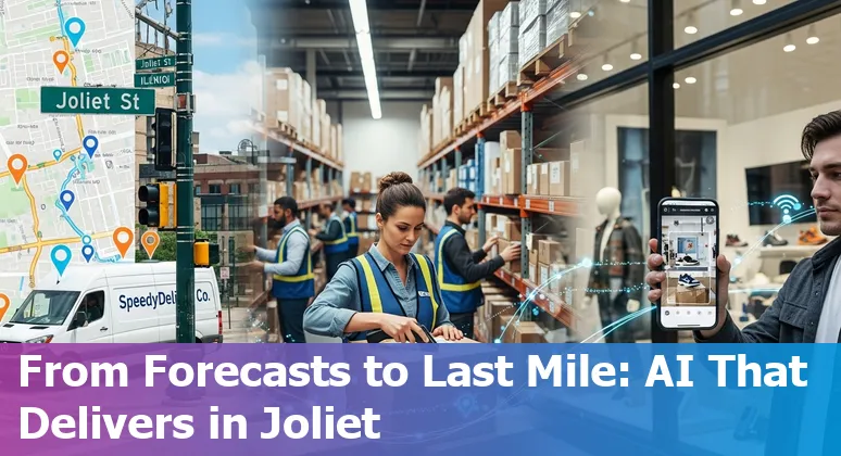 Retail store worker using AI dashboard for personalized offers, inventory and delivery routing in Joliet, Illinois.