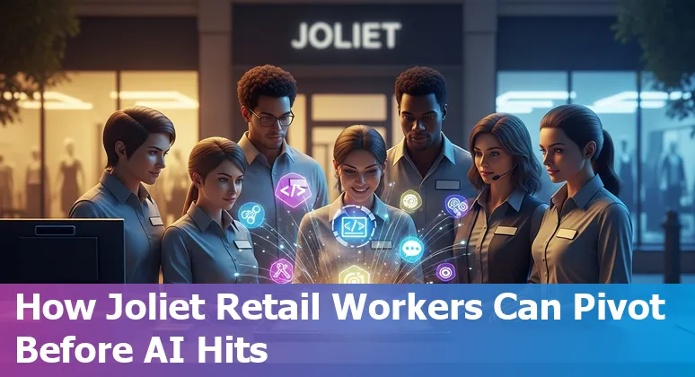 Joliet retail worker using mobile POS with AI icons and a list of five at-risk retail jobs
