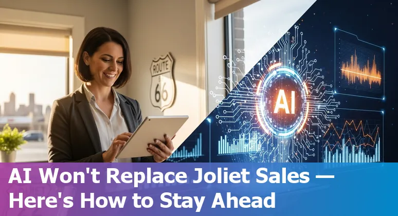 Salesperson using AI tools on a laptop in Joliet, Illinois, with Joliet skyline visible