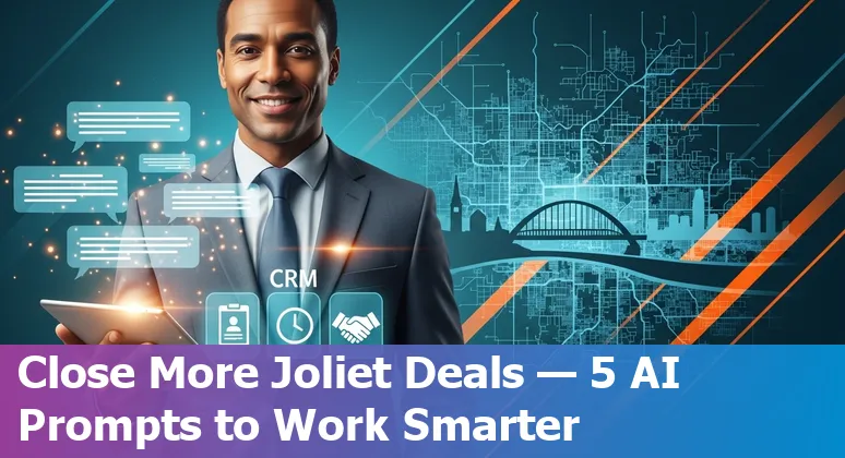 Sales professional using AI prompts on laptop with Joliet skyline in background