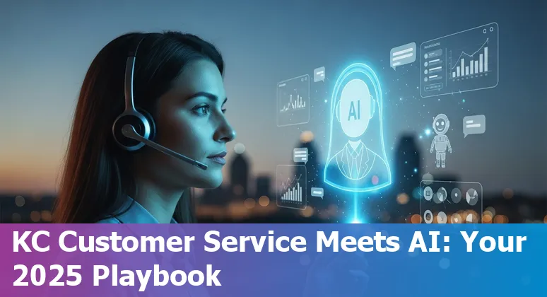 Kansas City, Missouri customer service professional using AI-powered chat tools with Union Station skyline
