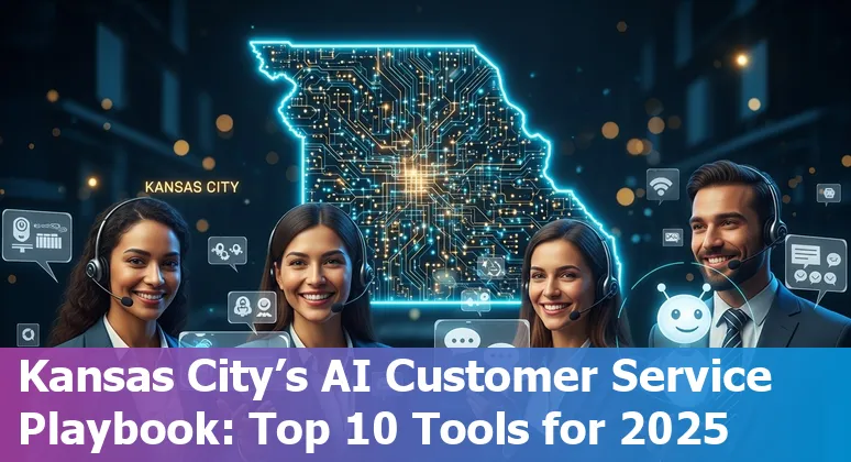 Customer service agent using AI tools dashboard in a Kansas City office with skyline in background