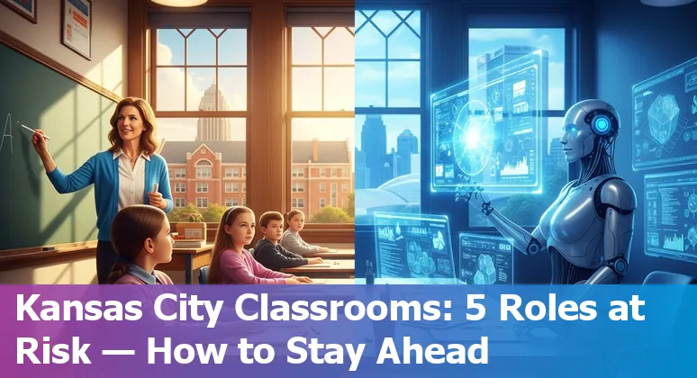 Kansas City school building with AI icons and educators planning reskilling steps
