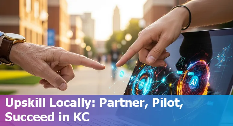 Finance professional using AI dashboard with Kansas City, Missouri skyline in the background
