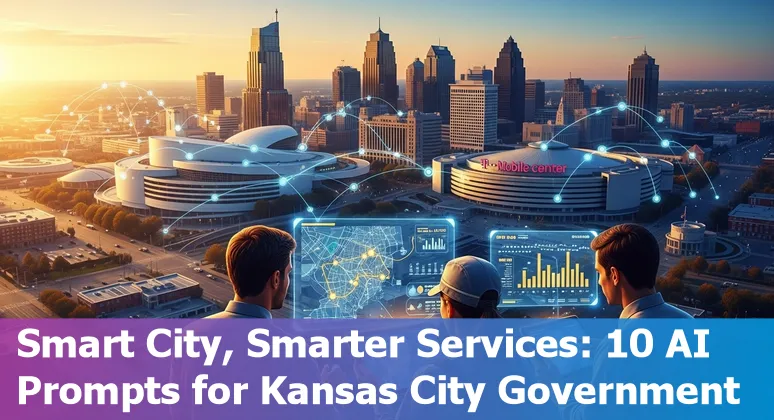 City hall staff using AI tools on laptop for Kansas City municipal services; skyline in background.
