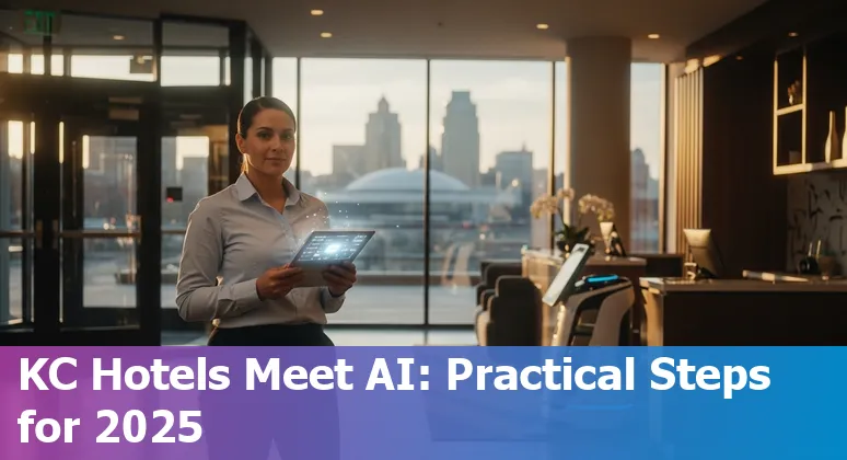 Hotel concierge using AI chatbot on tablet in Kansas City, Missouri hotel lobby in 2025