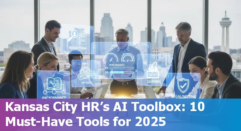 Kansas City HR professionals reviewing AI tools on laptops with skyline in background