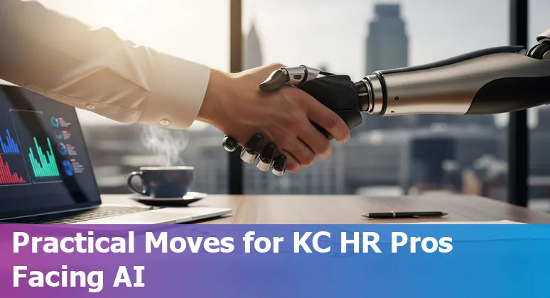 Kansas City, Missouri HR worker using AI tools while a city skyline shows local impact of automation