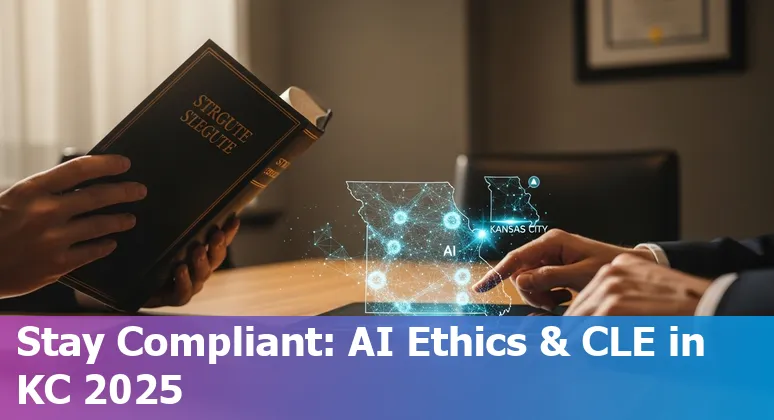 Kansas City, Missouri lawyer using AI tools on a laptop with UMKC and MoBarCLE materials visible