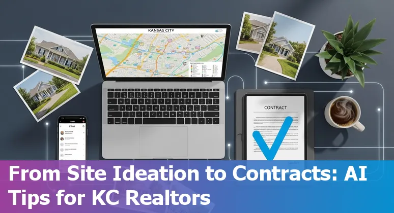 Kansas City skyline with AI icons overlay showing real estate tools like ChatGPT, Zillow, and virtual staging.