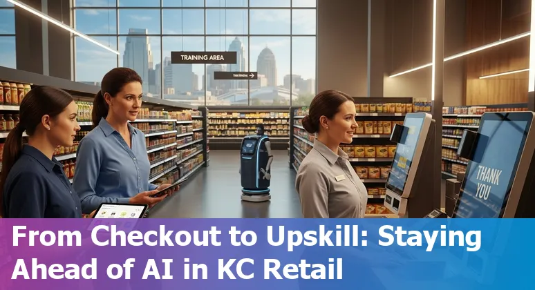 Retail worker learning new tech skills in a Kansas City store with self-checkout and warehouse robots in background