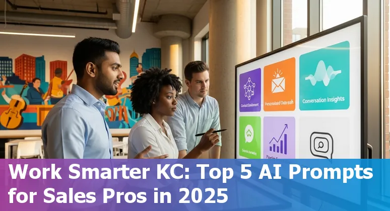 Sales professional using AI prompts on laptop with Kansas City skyline in background