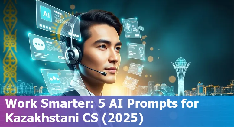 Customer service agent using AI prompts on a laptop with Kazakhstan flag overlay